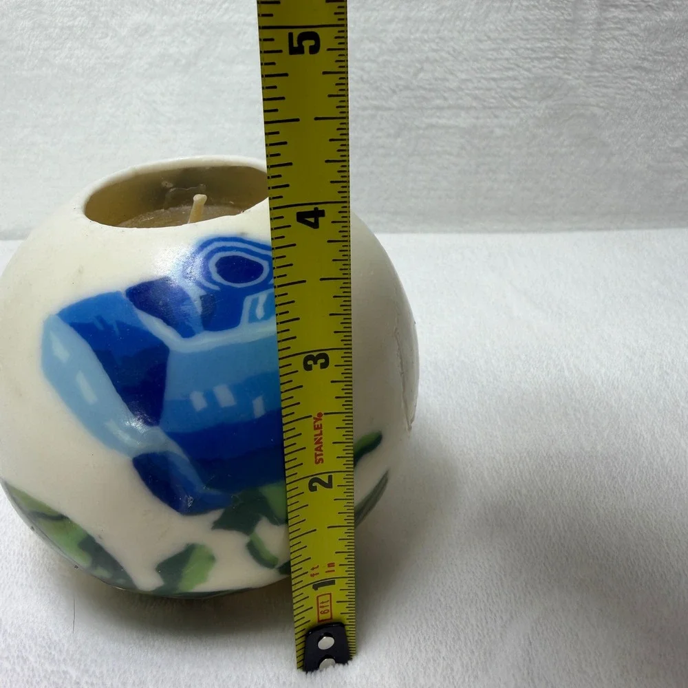 Lifelines Sculpted Candle Round Sphere Blue Floral Rose White Wax Art Decor